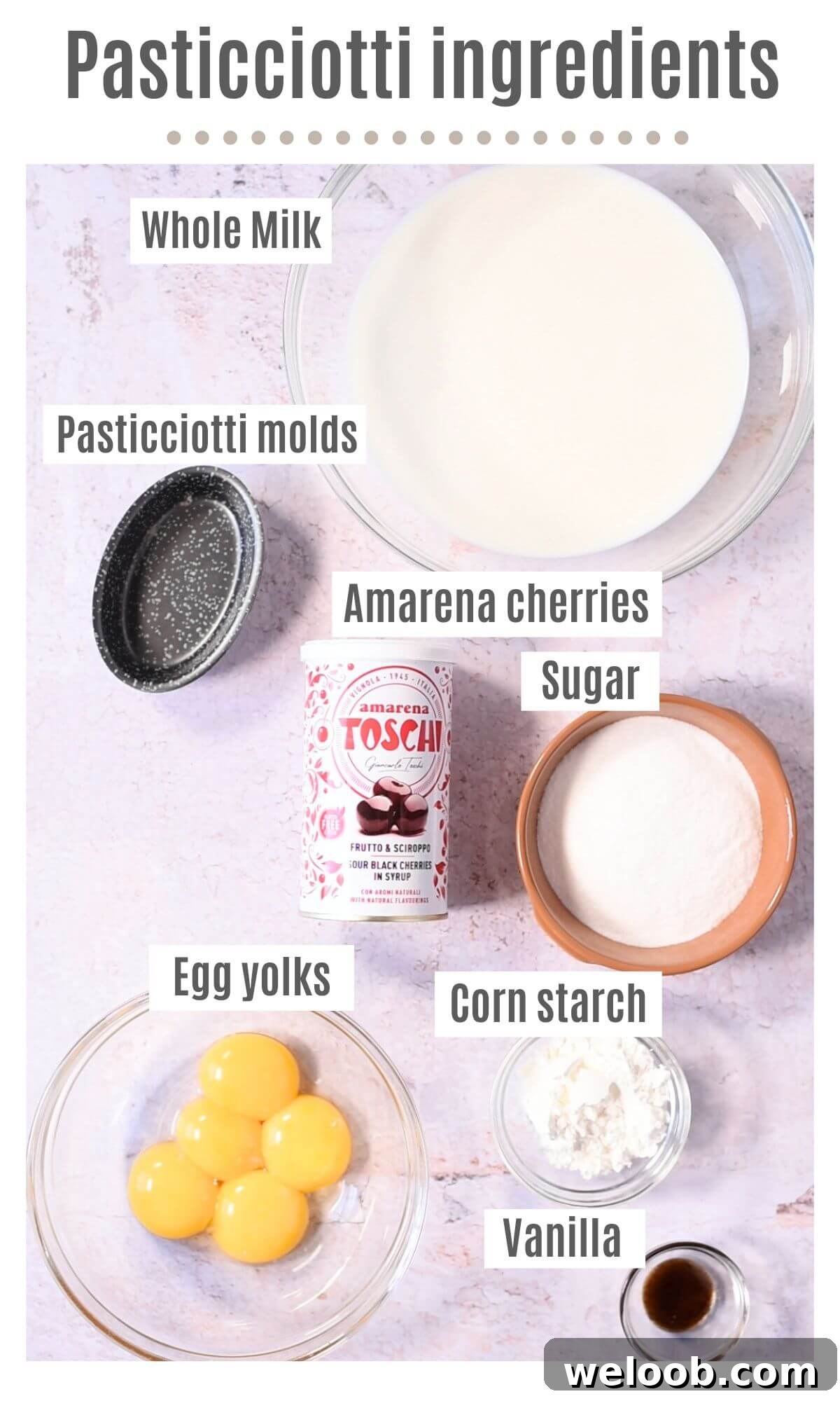An overhead shot of all the ingredients need to make the filling for Pasticciotti.