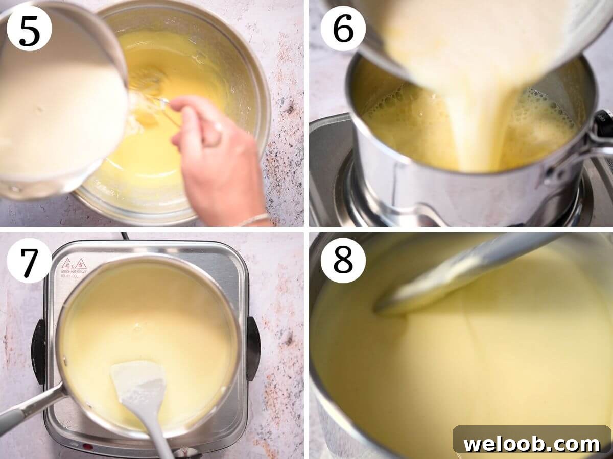 Four photos in a collage showing how to make and thicken pastry cream.