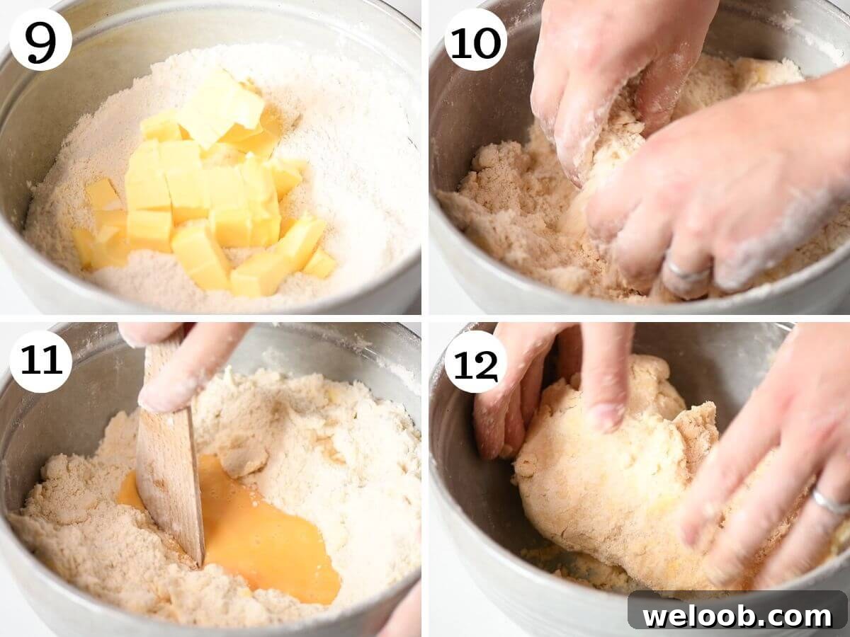 Four photos in a collage showing how to make sweet shortcrust pastry.