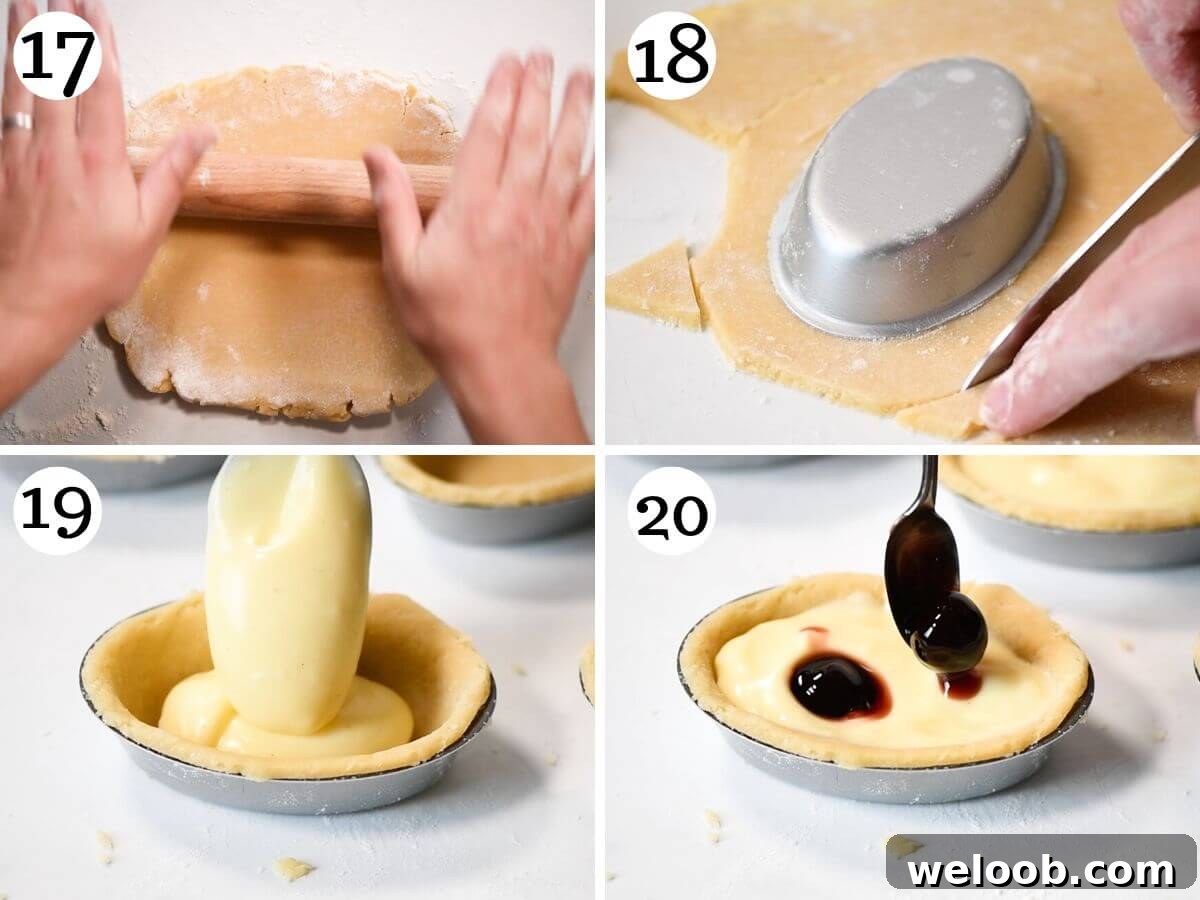 Four photos in a collage showing how to assemble Pasticciotti pastries with pastry and pastry cream.