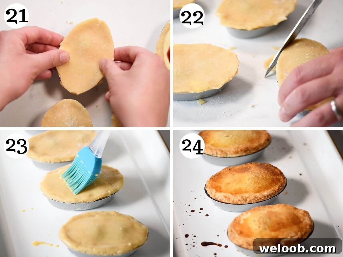 Four photos in a collage showing how to fill and bake Pasticciotti pastries.