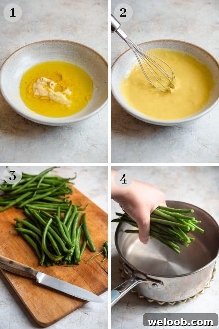 Step by step photos for making a mustard dressing for a green bean salad