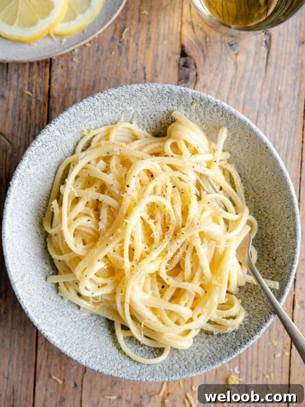 An overhead shot of pasta al limone in a bowl