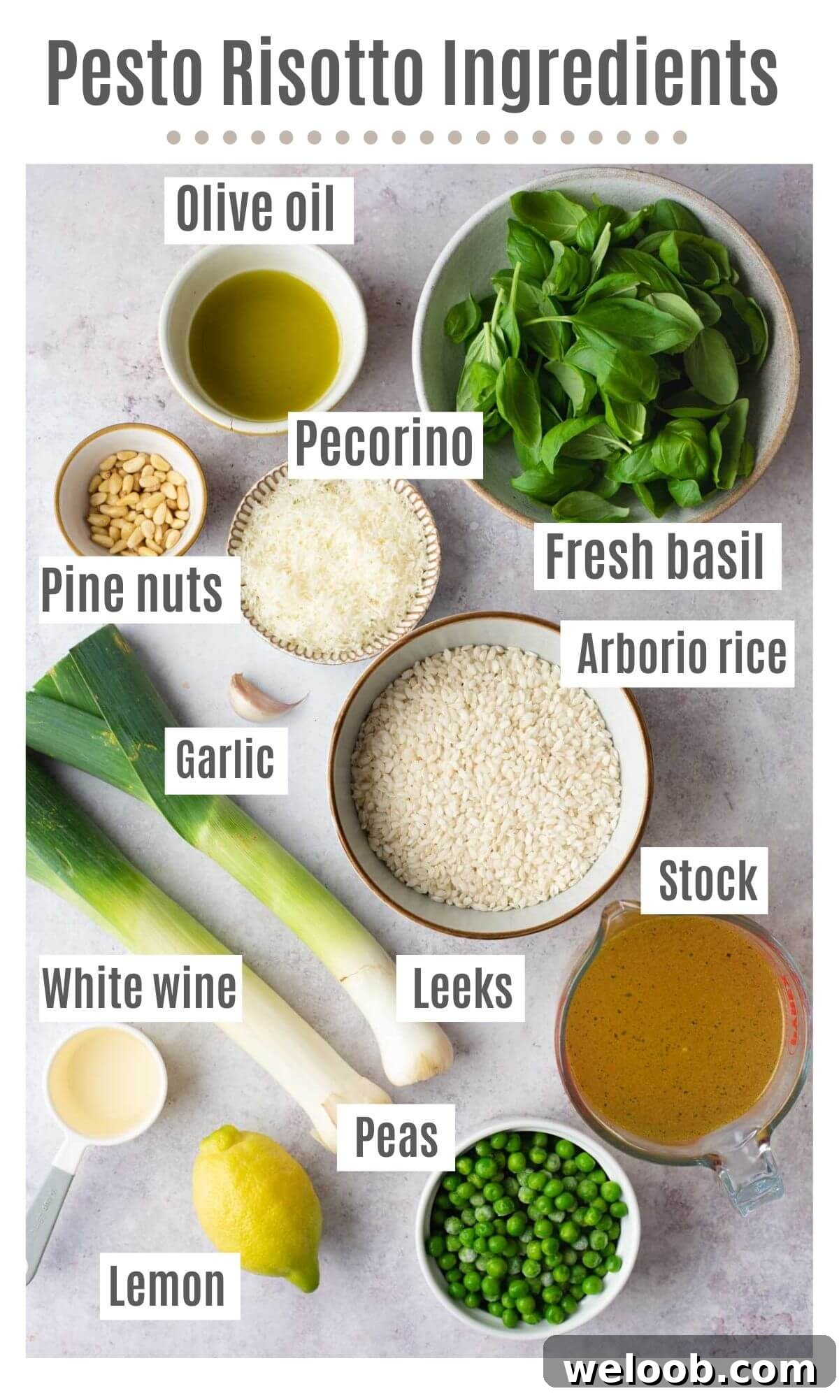 An overhead shot of all the ingredients you need to make a risotto with peas, pesto and leeks