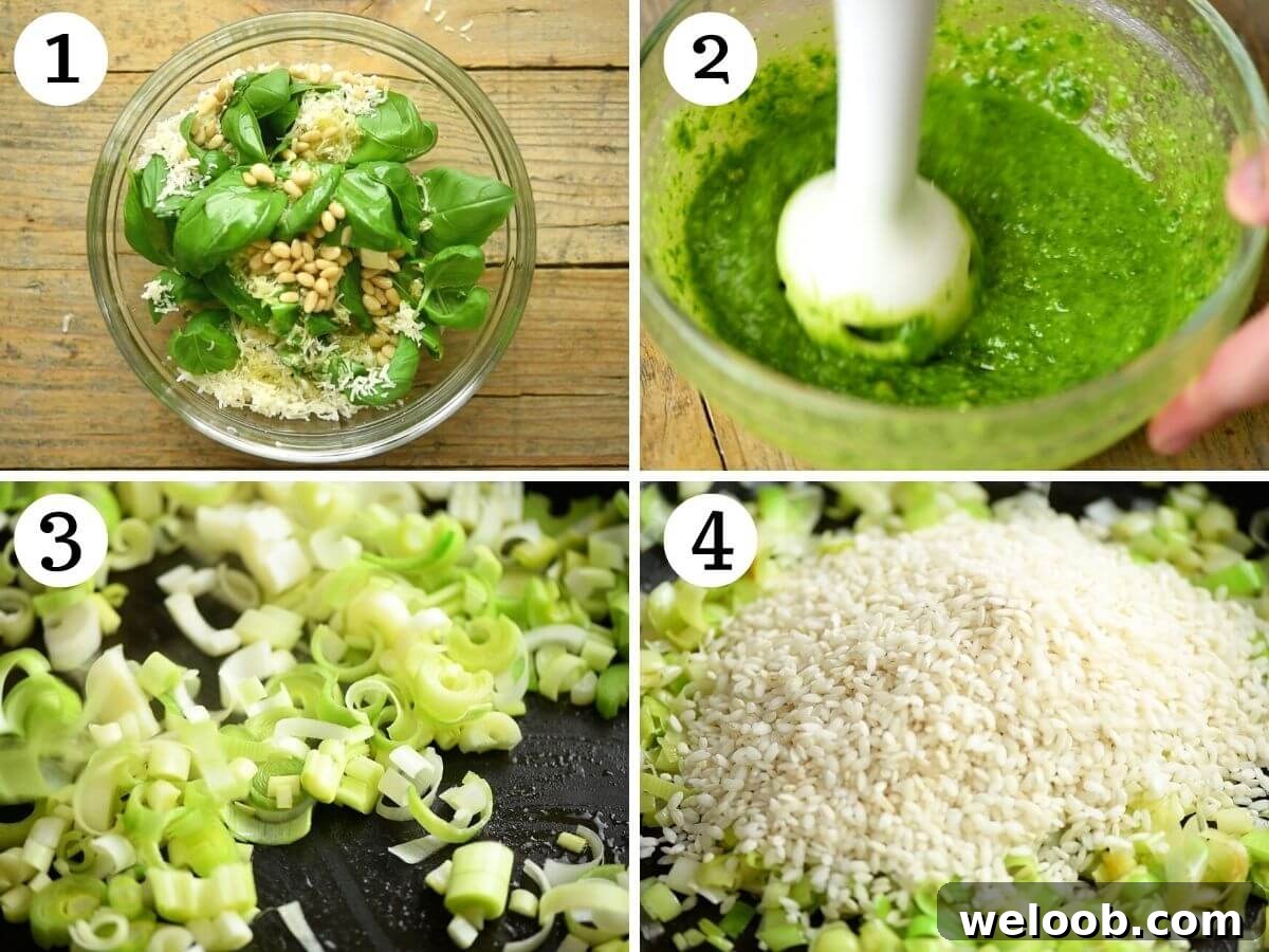Four photos in a collage showing how to make pesto, saute leeks and add risotto rice to a pan