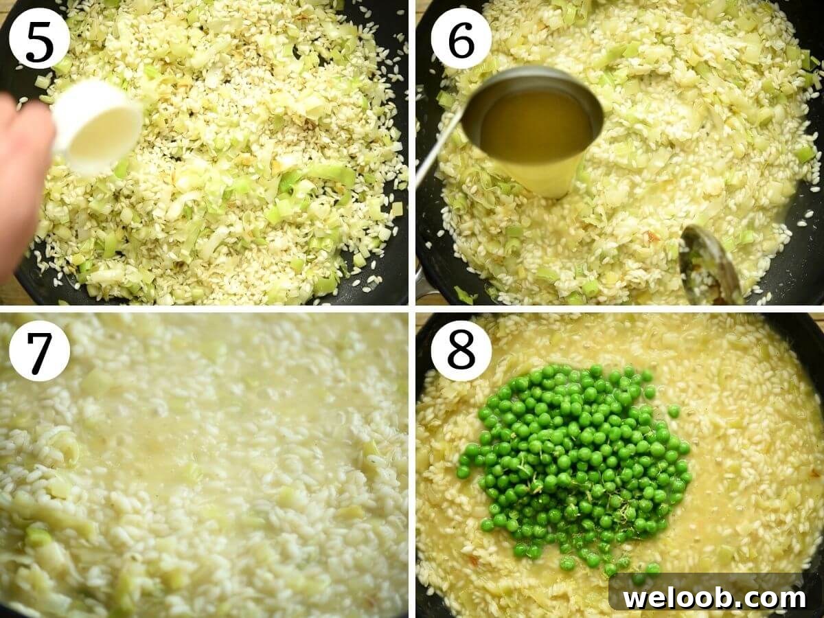 Four photos ion a collage showing how to make risotto