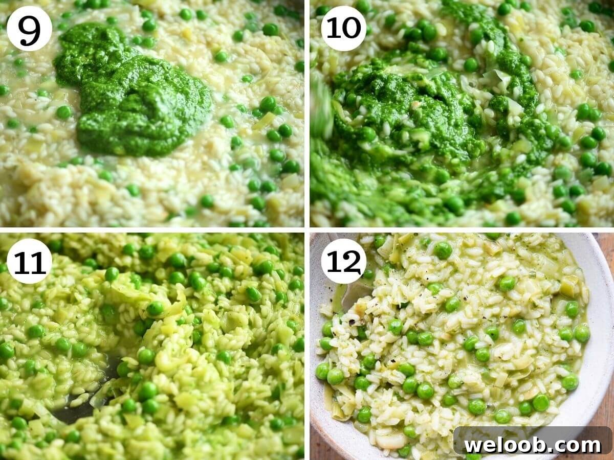 Four photos in a collage showing how to add pesto and peas to risotto