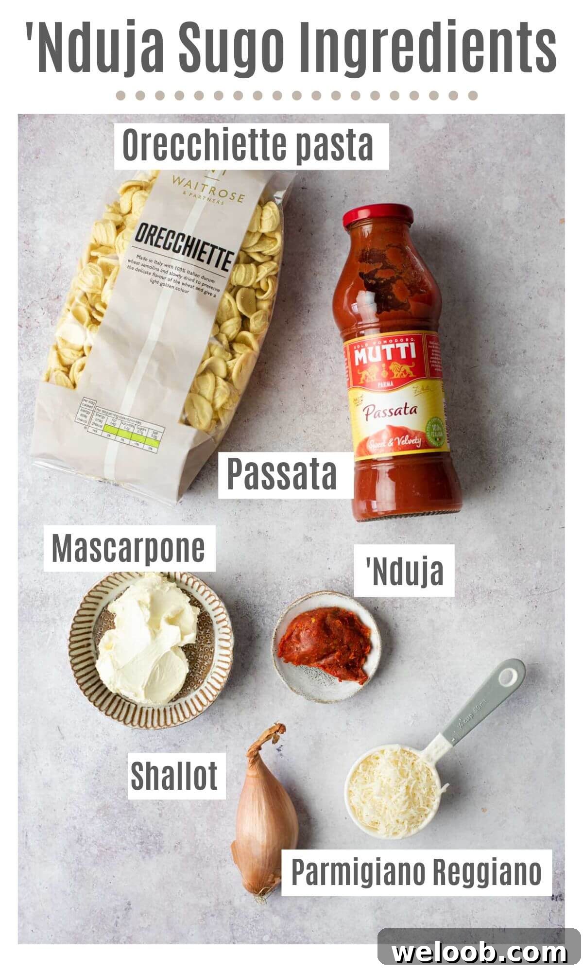 An overhead shot of all the ingredients you need to make orecchiette with Nduja sugo