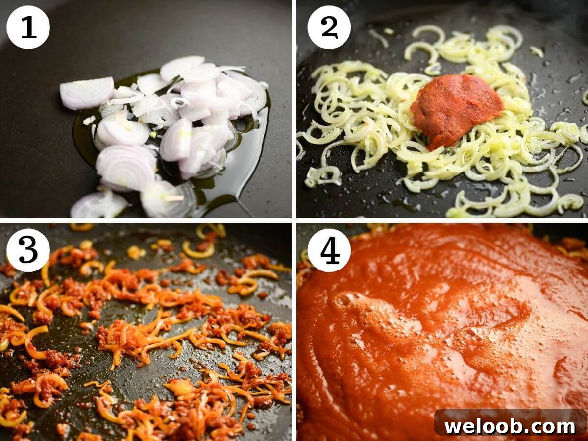 Four photos in a collage showing how to fry shallots, Nduja and tomato passata to make a sauce