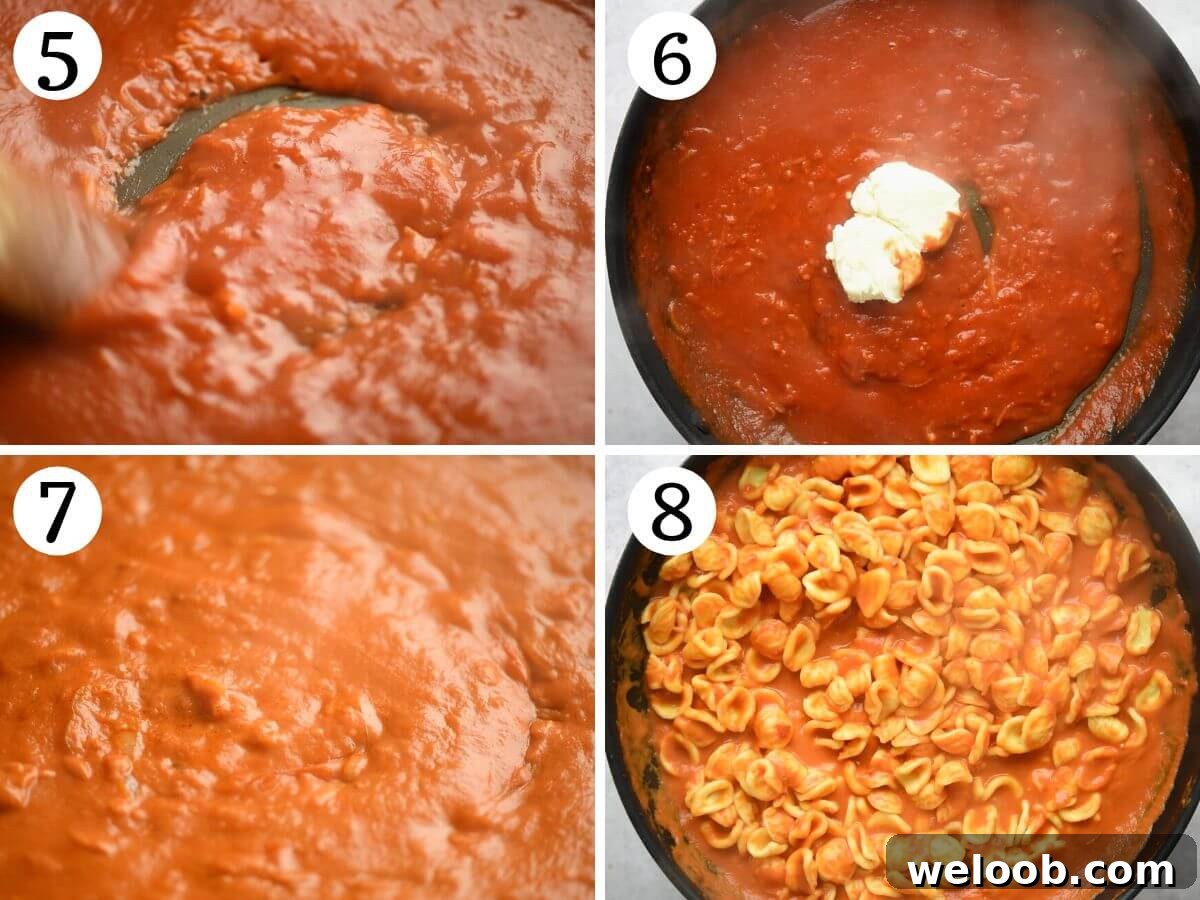 Four photos in a collage showing how to make a creamy Nduja pasta sauce with orecchiette.