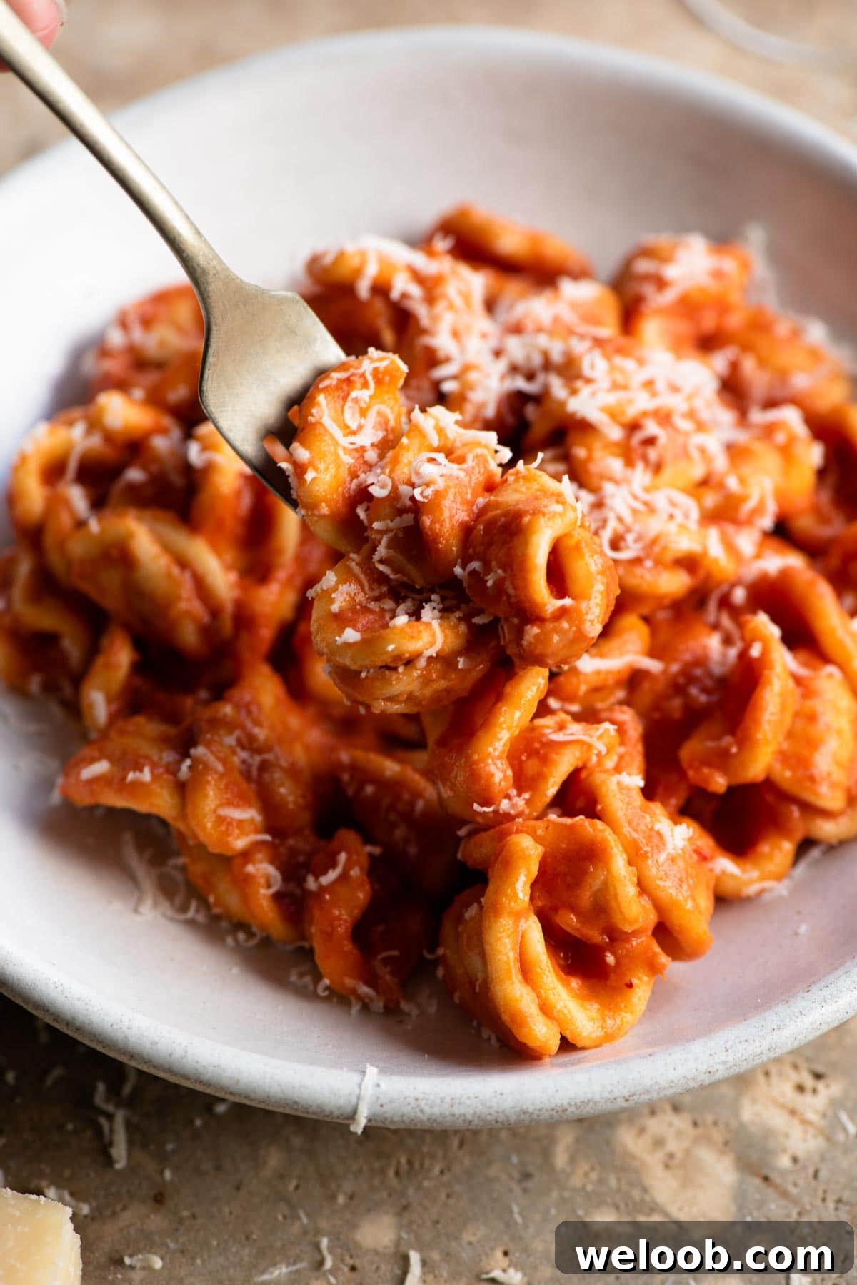 A close up of a fork picking up some orecchiette with a cream tomato Nduja sauce from a bowl