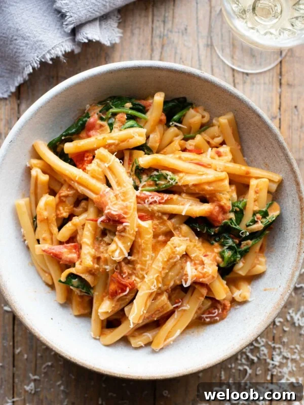 An overhead shot of creamy Nduja pasta in a bowl sitting on a rustic wooden surface