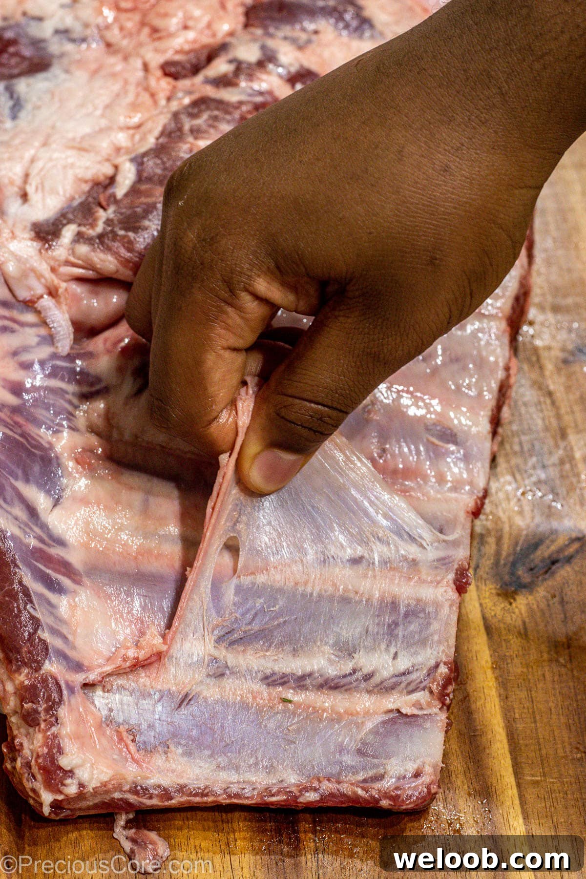 Hand removing membrane from the back of spare ribs.