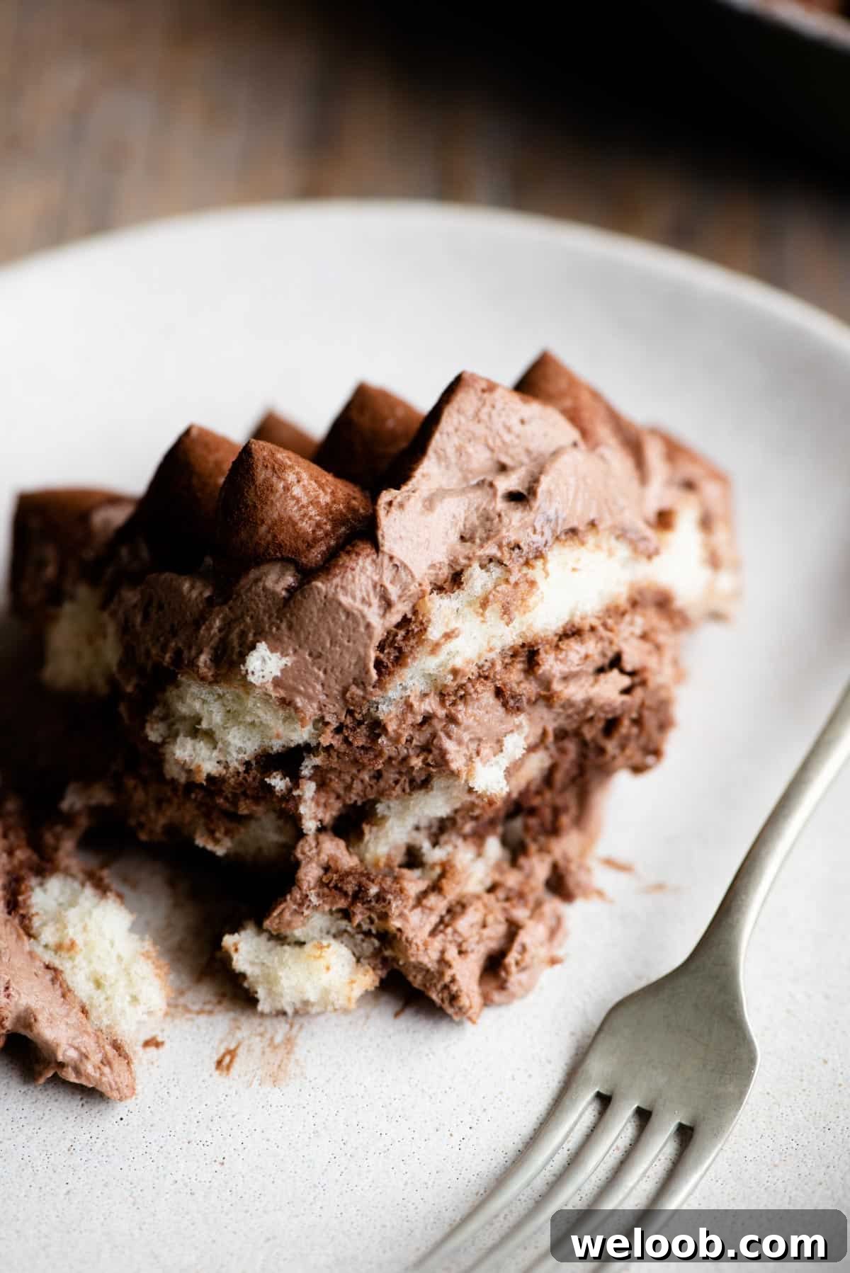 A close up of a piece of chocolate tiramisu on a light coloured plate and a fork at the side.
