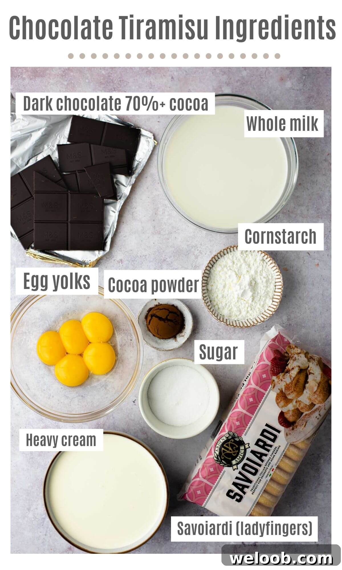 An overhead shot of chocolate tiramisu ingredients which are, dark chocolate, whole milk, egg yolks, cornstarch, cocoa powder, sugar, heavy cream and Savoiardi biscuits (lady fingers).