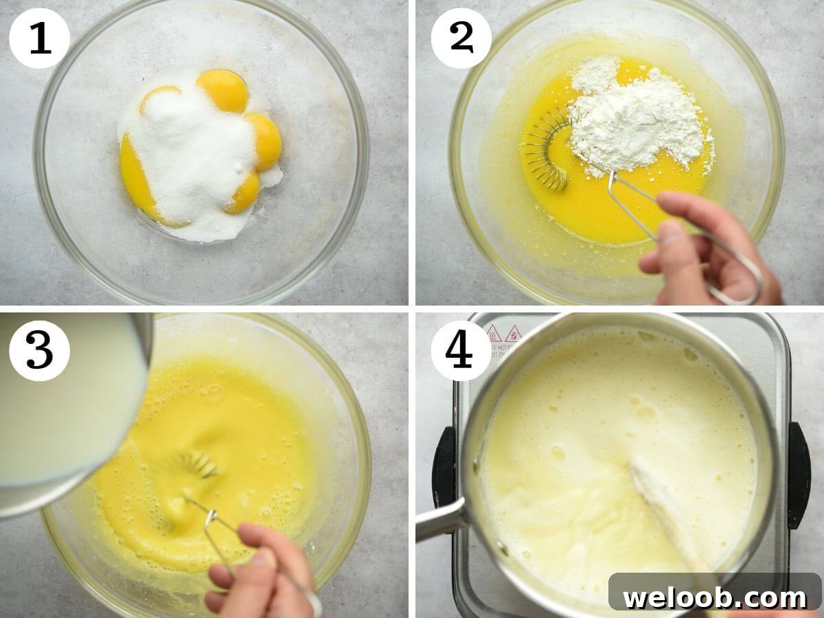 Four photos in a collage showing how to whisk egg yolks with sugar and corn starch and heat up milk in a saucepan.