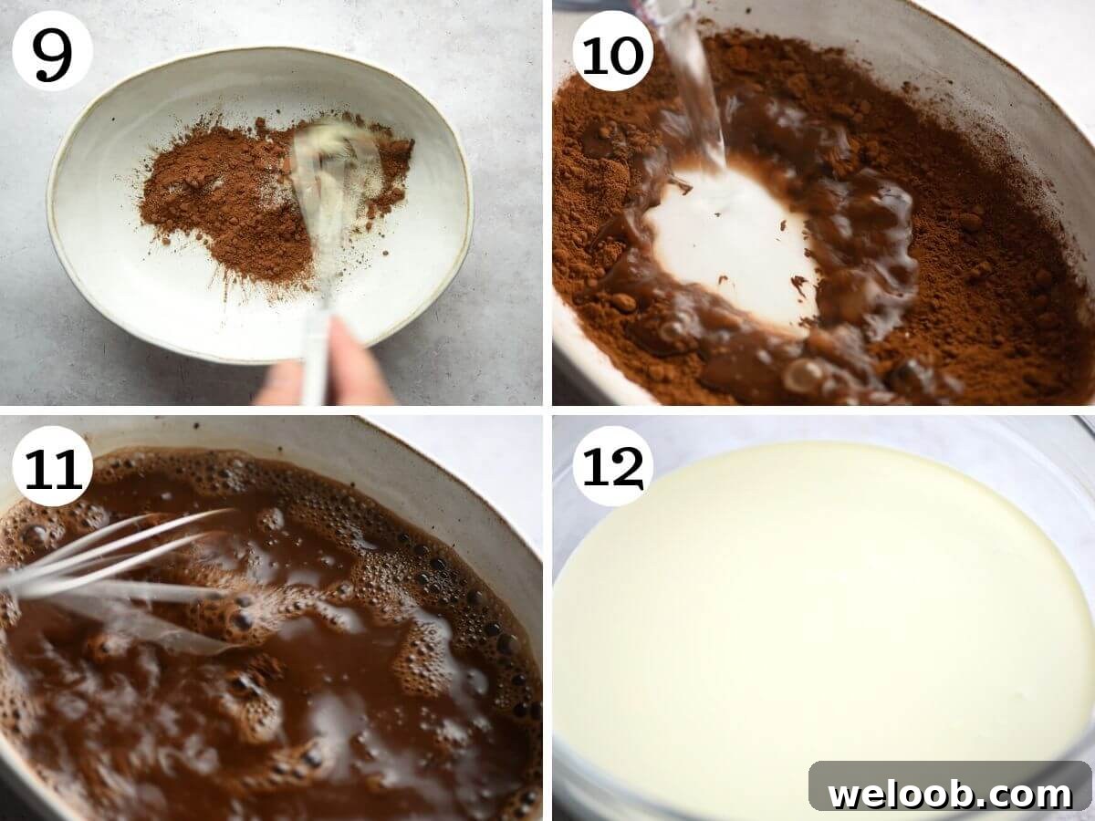 Four photos in a collage showing how to mix cocoa powder, sugar and hot water . Fourth photos shows heavy cream in a bowl.