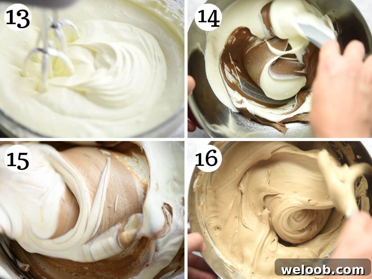 Four photos in a collage showing how to fold whipped cream into cold chocolate custard to create a chocolate filling for tiramisu.