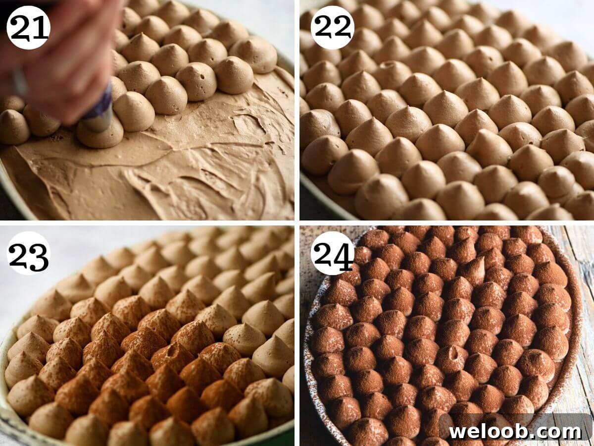 Four photos showing how to pipe chocolate cream on top of a tiramisu and dust cocoa powder on top.