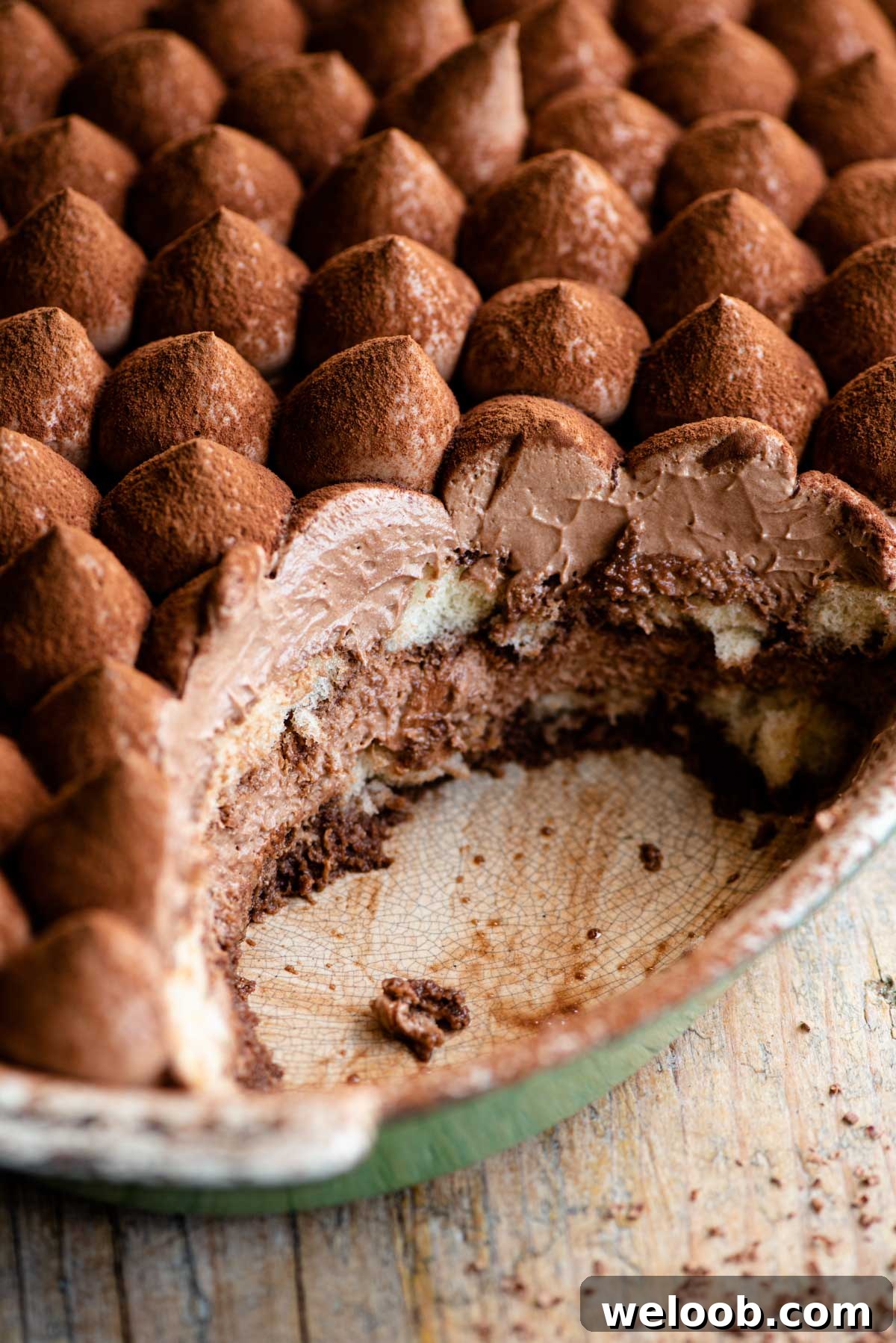 A close up of a chocolate tiramisu in an oval dish with a scoop out revealing layers of chocolate cream and sponge fingers.