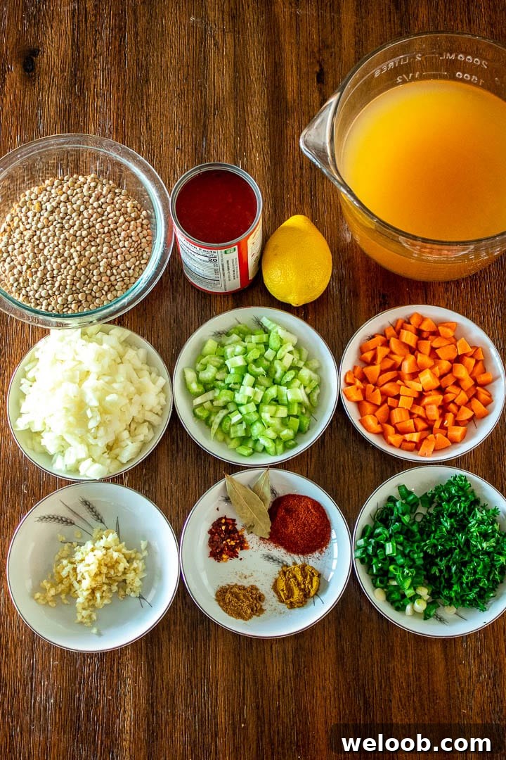 Ingredients for Lentil Stew on a table