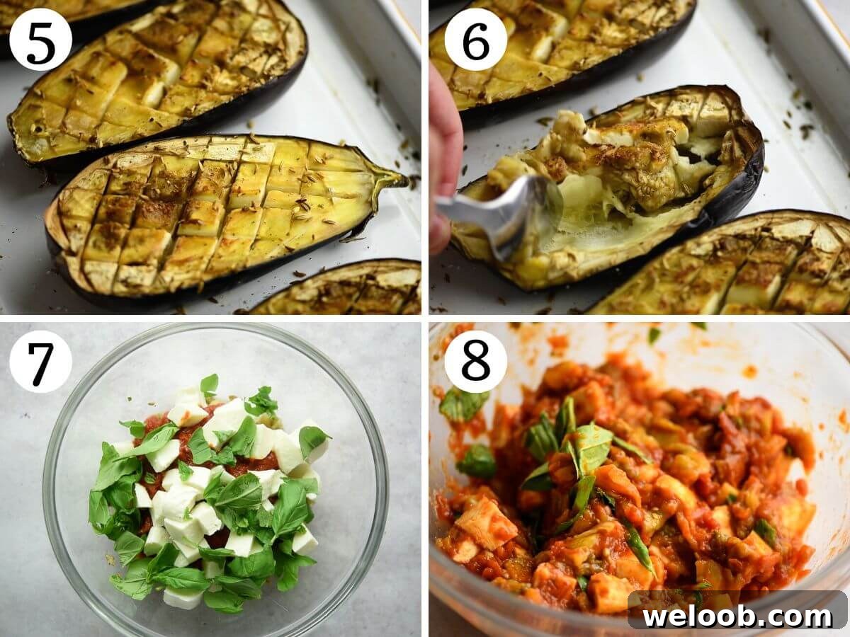 Four photos in a collage showing how to scoop baked eggplant from the skin and mixing it in a bowl with tomato, mozzarella and basil.