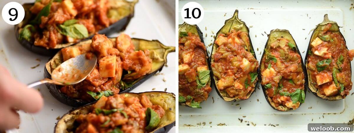 Two photos showing how to stuff eggplants and what they look like once baked.