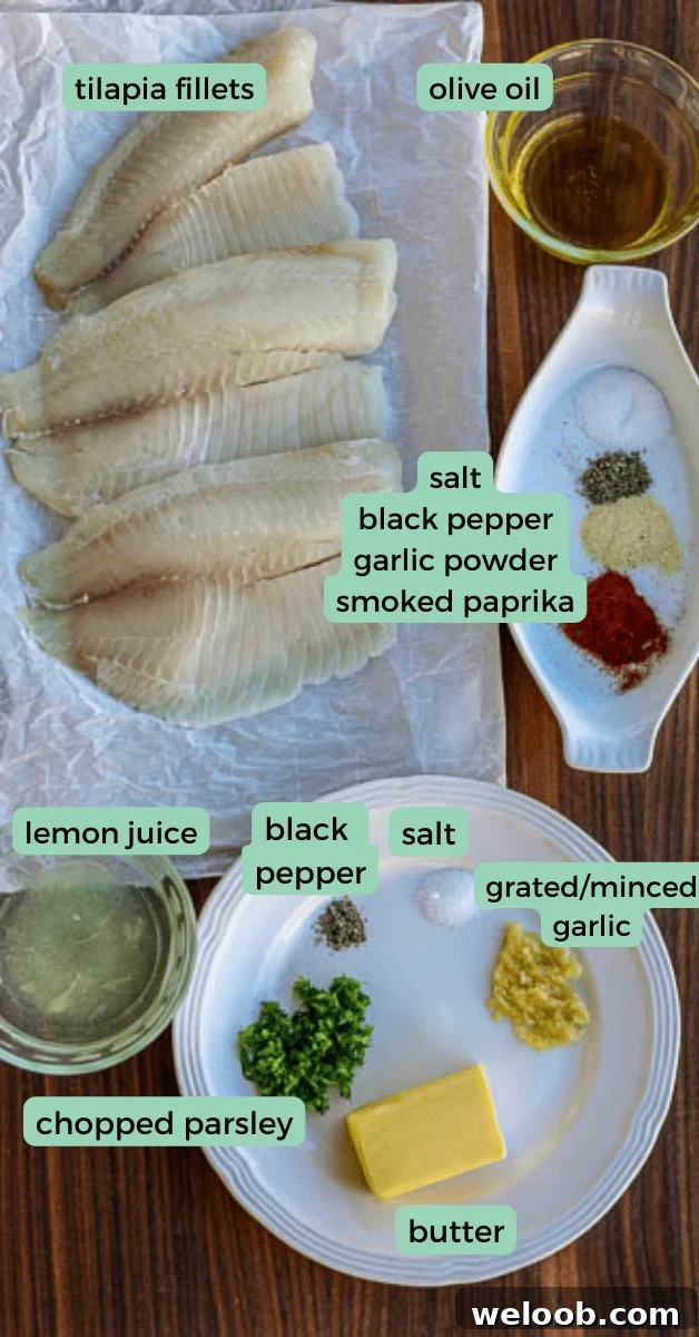 Ingredients for tilapia with lemon butter on table.