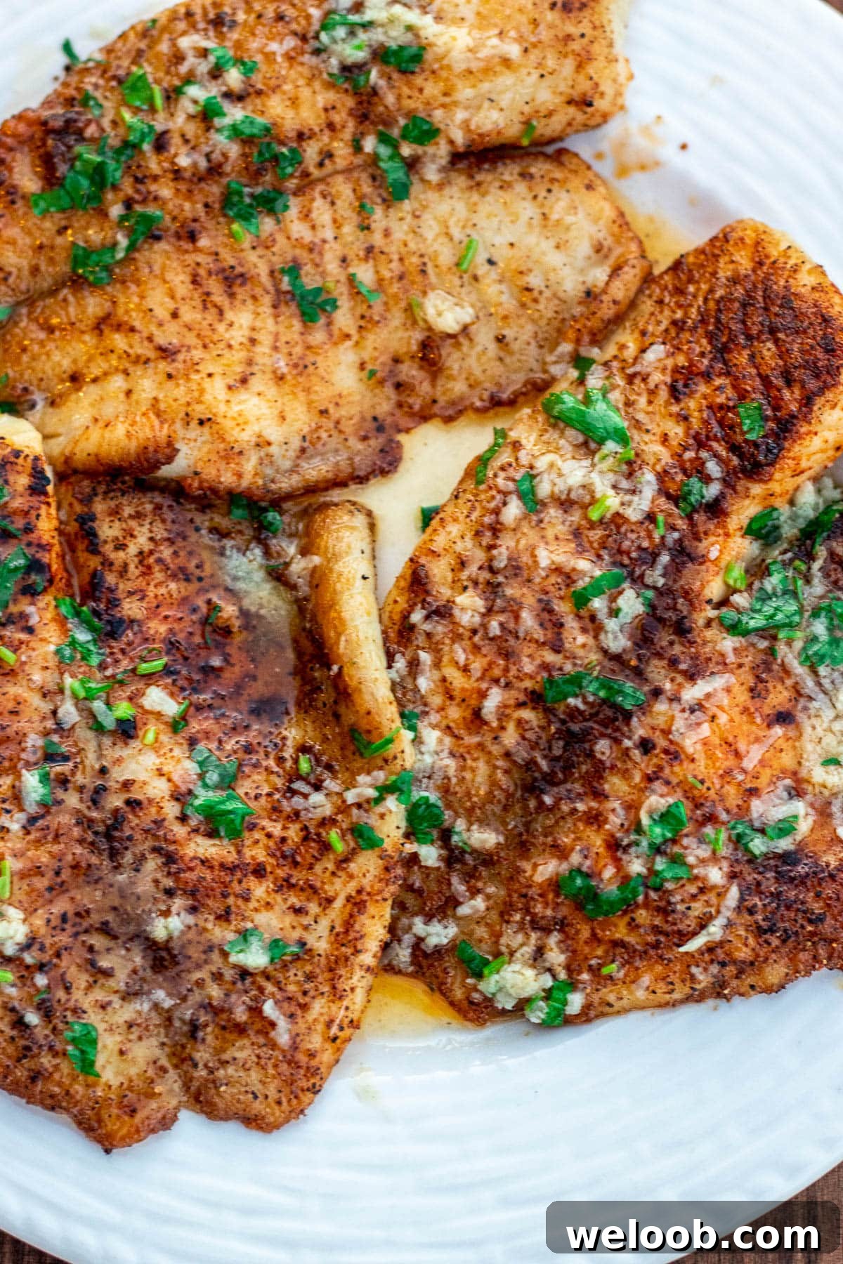 Cooked tilapia fillets in lemon butter sauce.