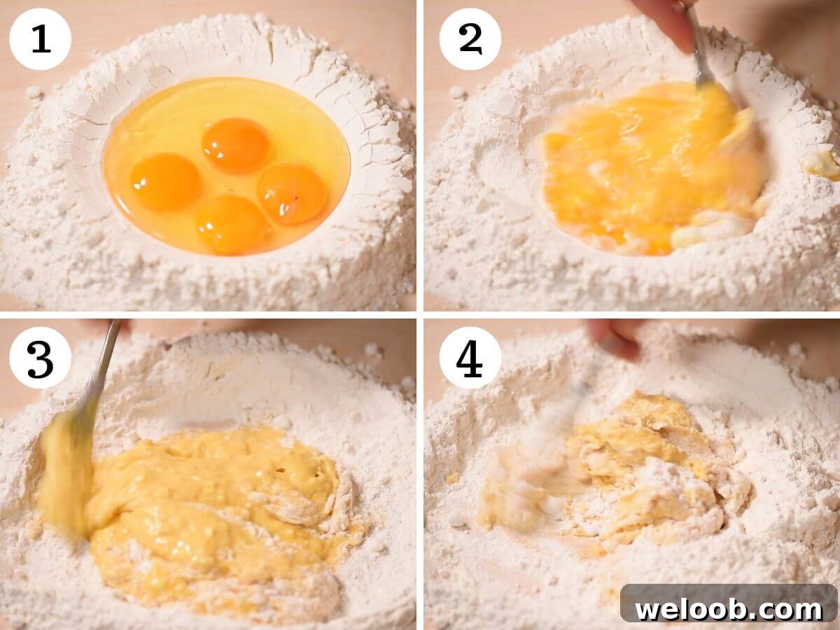 Four photos in a collage showing how to make pasta dough from scratch to make Agnolotti.