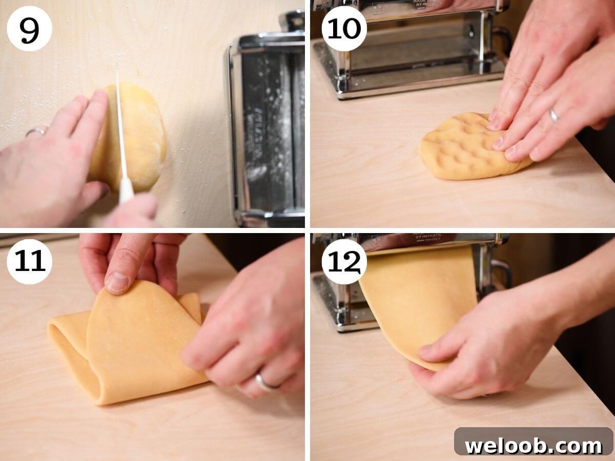 Four photos in a collage showing how to roll out pasta in a a pasta machine.