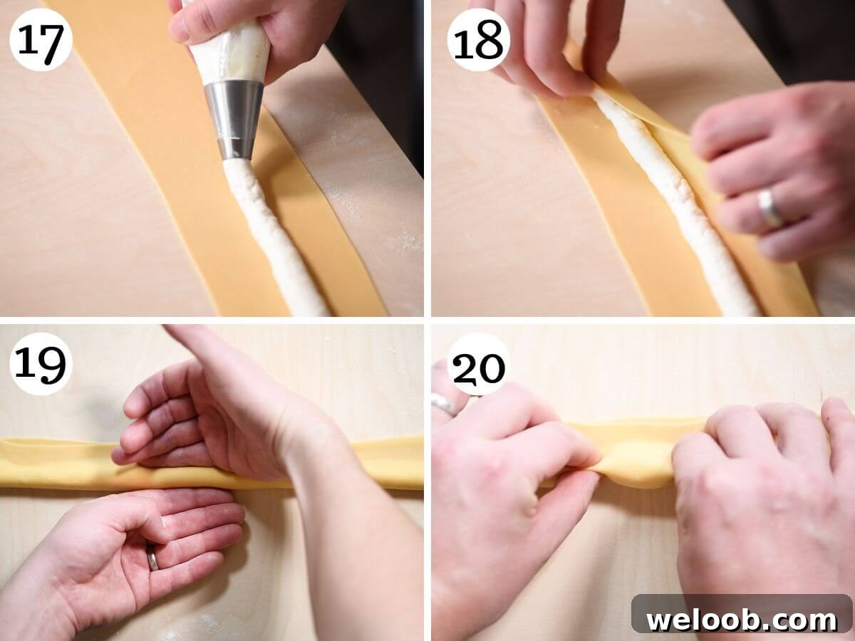 Four photos in a collage showing how to fill and shape agnolotti pasta.