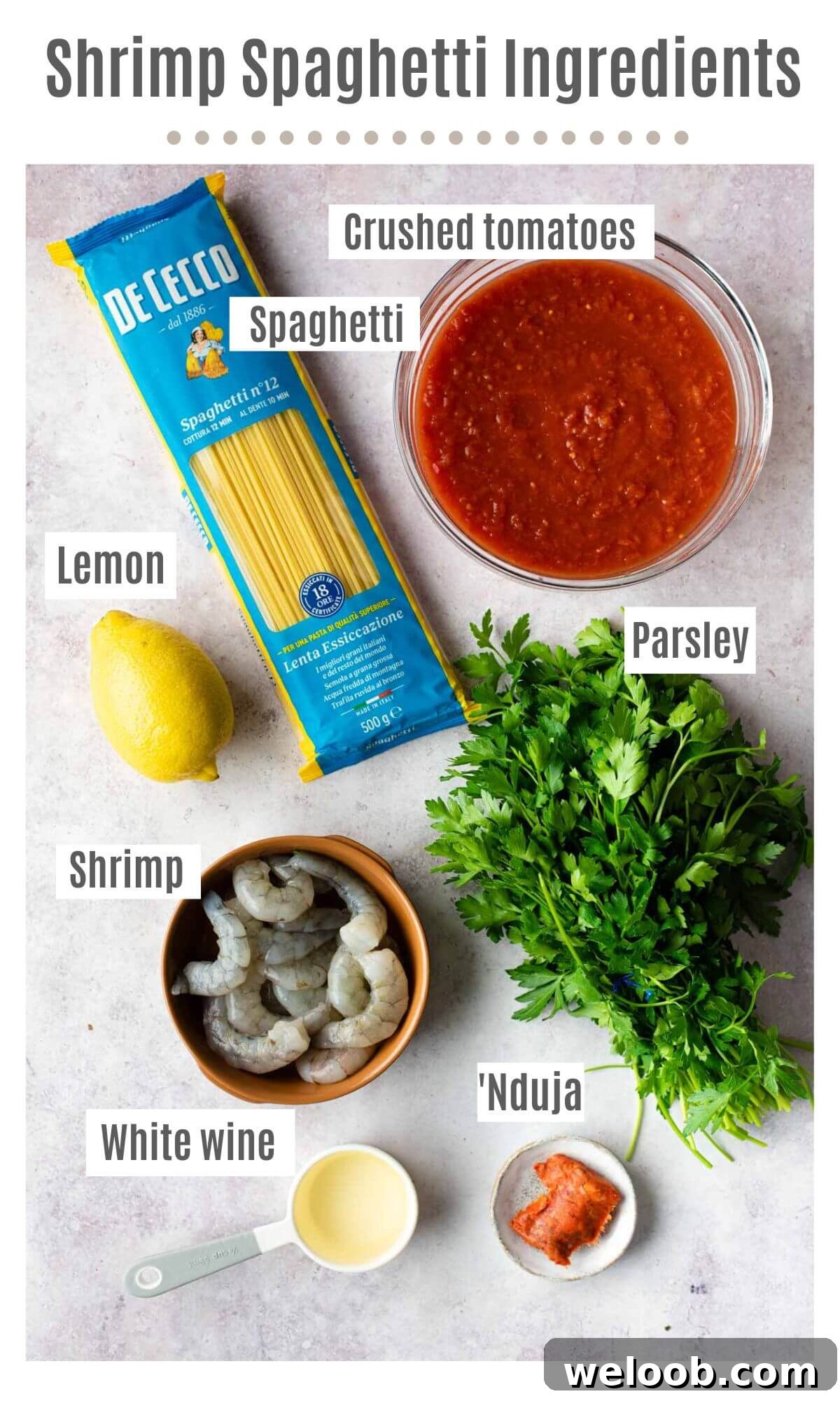 An overhead shot of ingredients needed to make shrimp spaghetti labelled; spaghetti, crushed tomatoes, lemon, parsley, shrimp, Nduja and white wine.