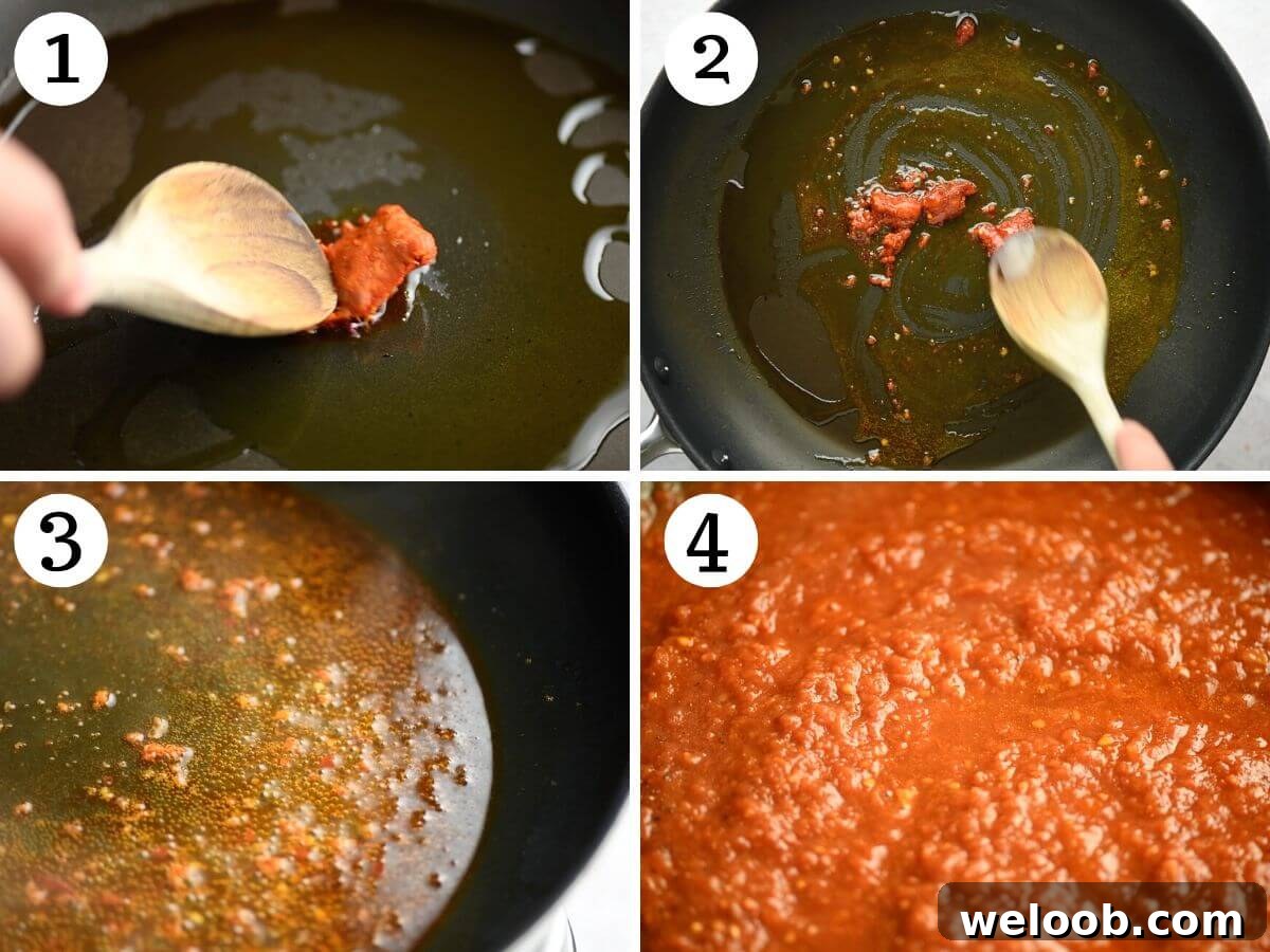 Four photos in a collage showing how to saute Nduja and crushed tomatoes.