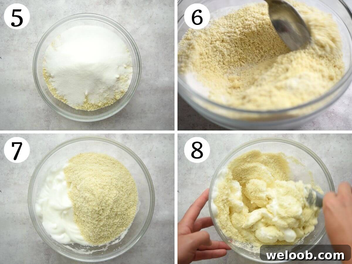 Four photos in a collage showing how to mix egg whites and almonds to form cookie dough.