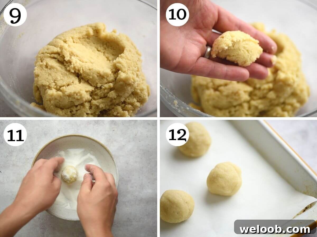 Four photos in a collage showing how to roll amaretti cookies.