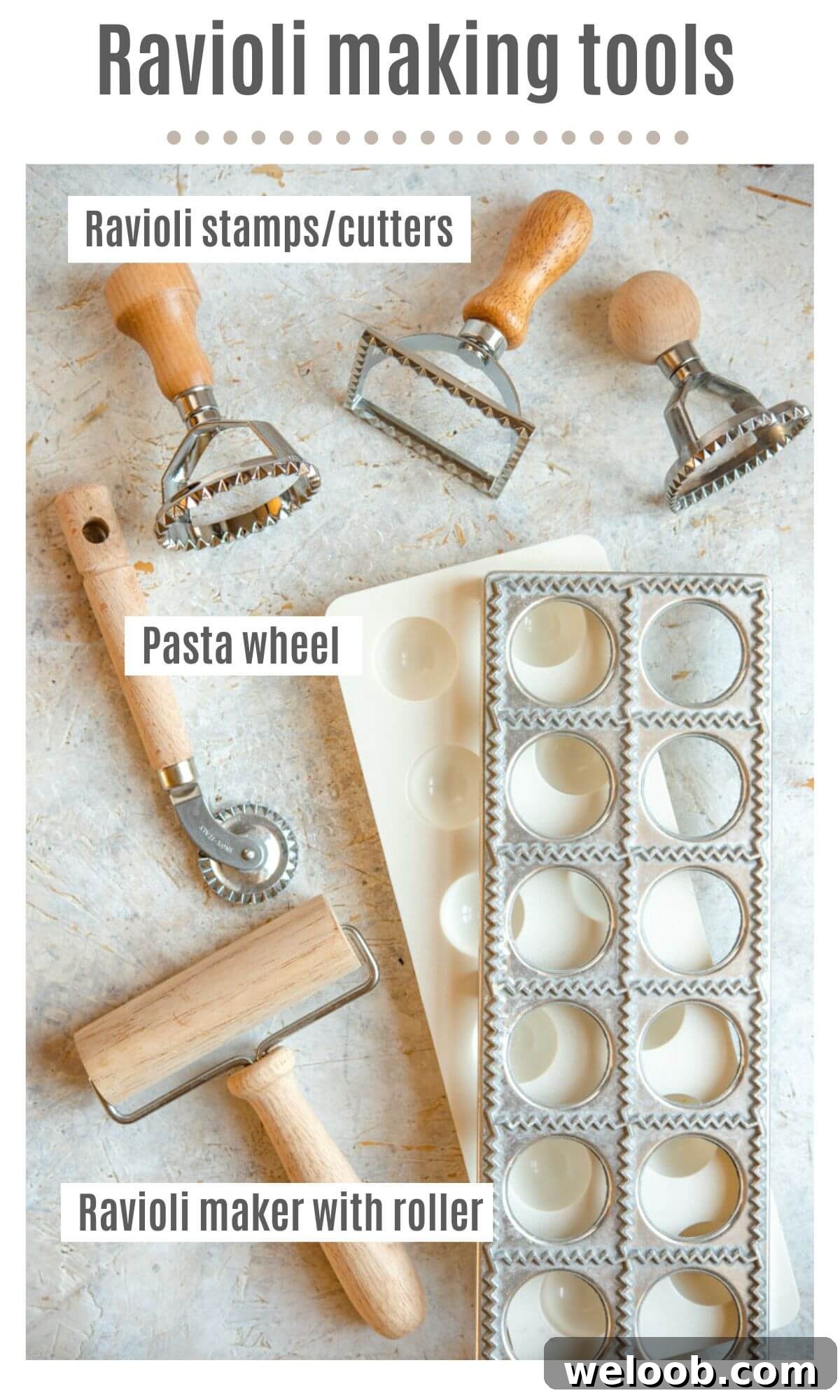 An overhead shot of ravioli making tools labelled; ravioli stamps/cutters, pasta wheels and ravioli maker with roller.;