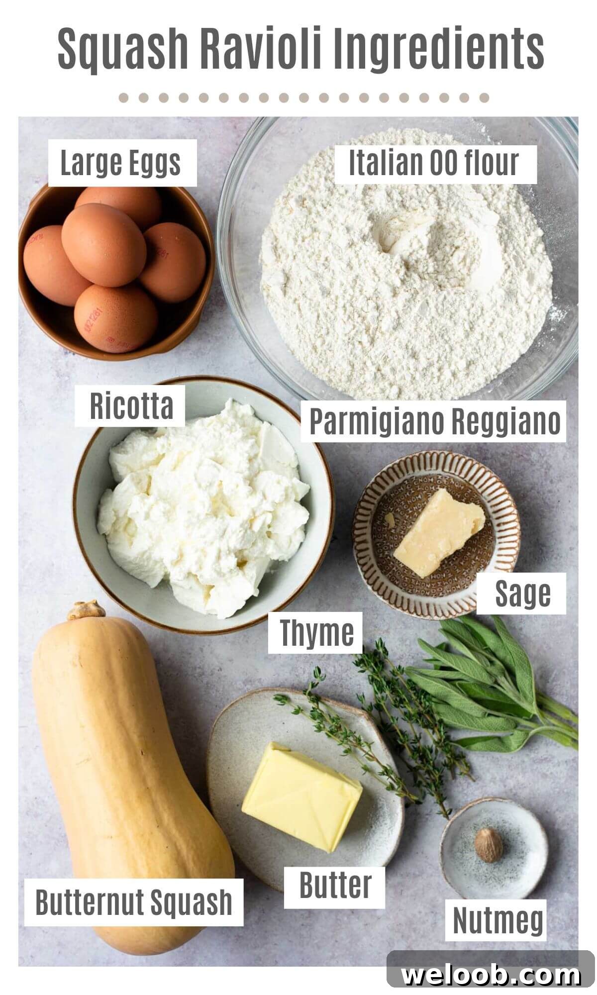 An overhead image showing all the ingredients needed to make butternut squash ravioli labelled; large eggs, Italian 00 flour,, ricotta, Parmigiano Reggiano, butternut squash, sage, thyme, butter, nutmeg.