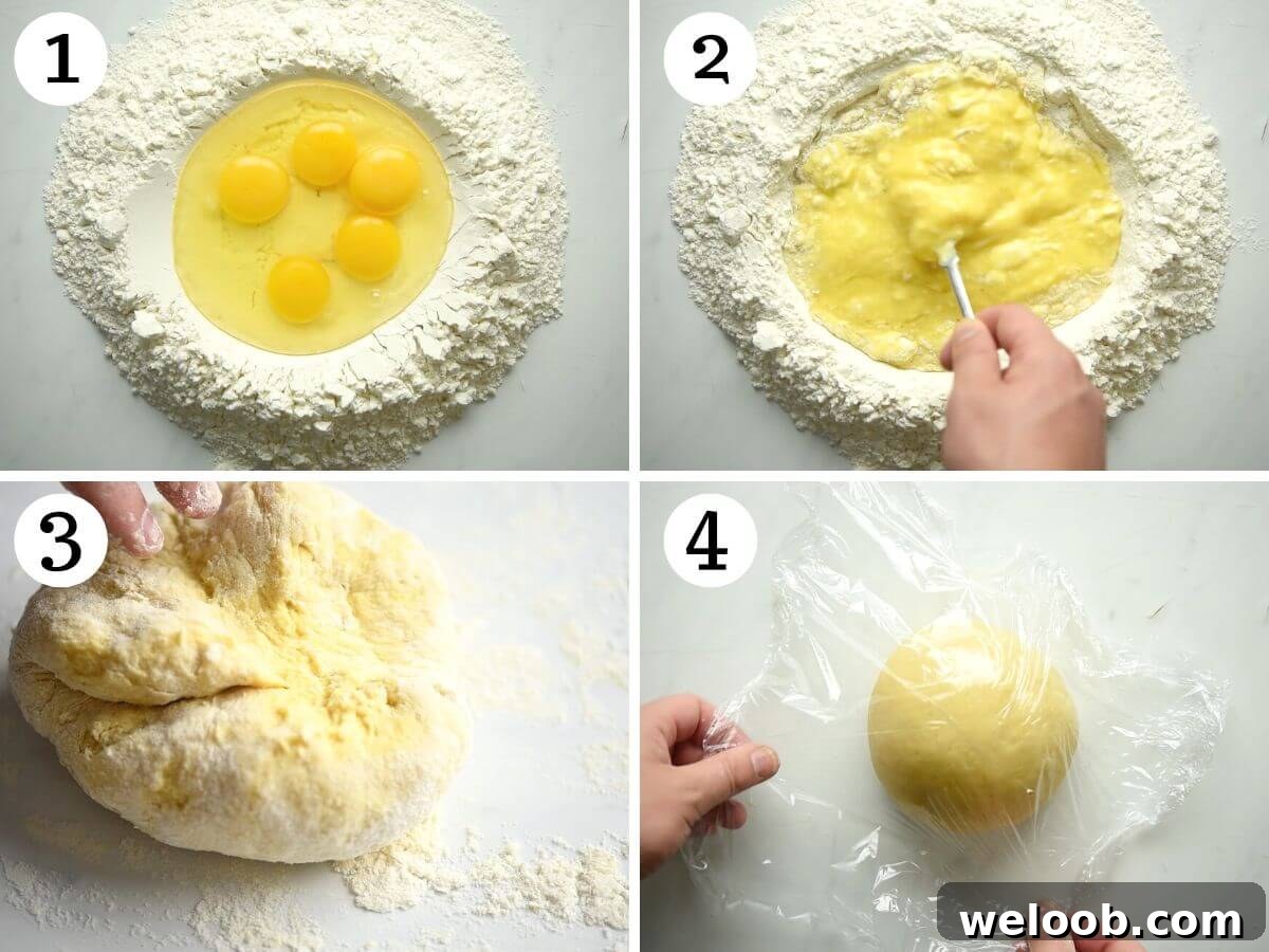 Four photos in a collage showing how to make homemade pasta dough from scratch.