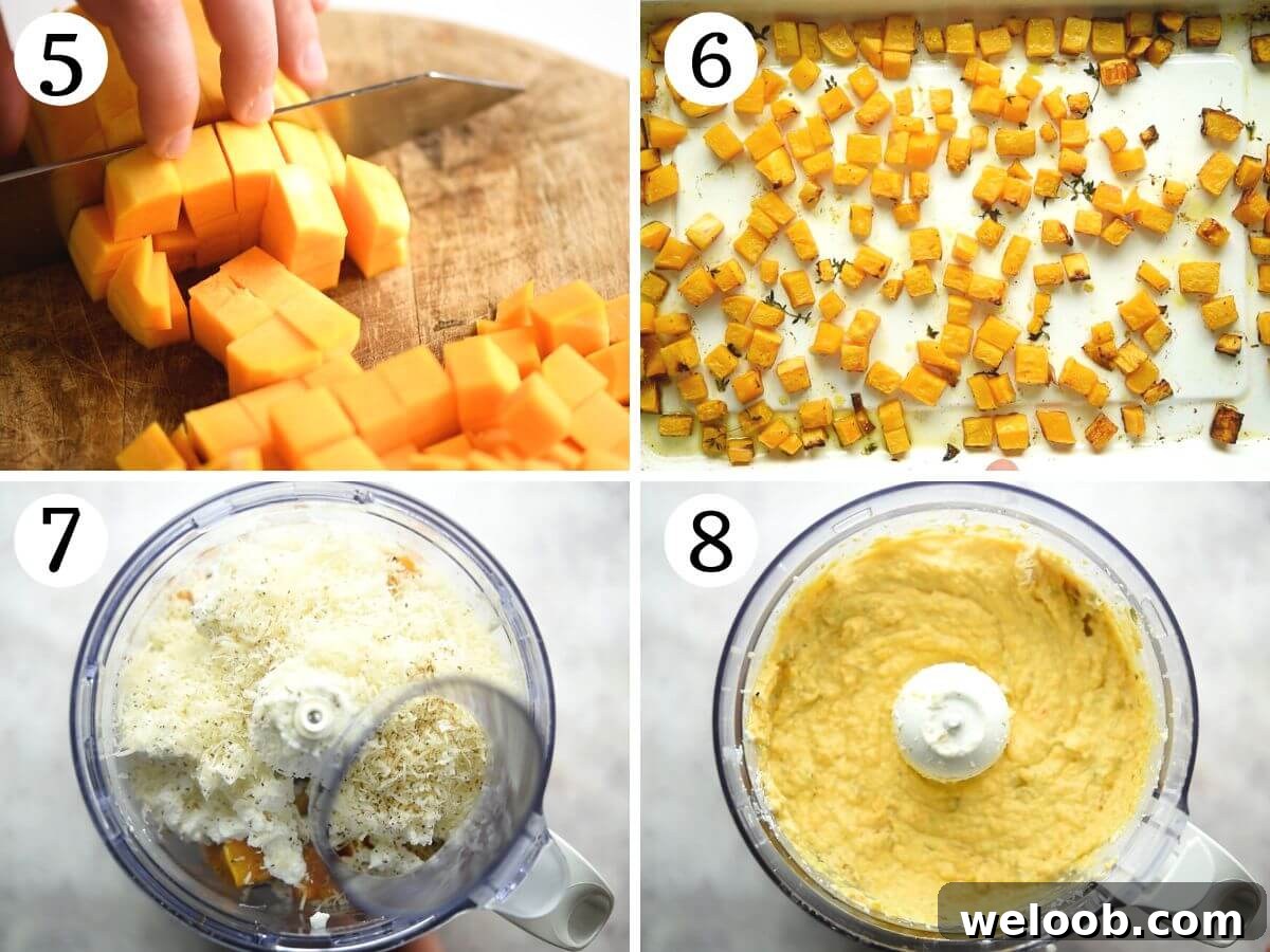 Four photos in a collage showing how to roast butternut squash a make it into a ravioli filling.