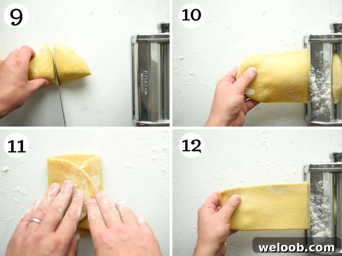 Four photos in a collage showing how to roll out pasta dough using a pasta machine.