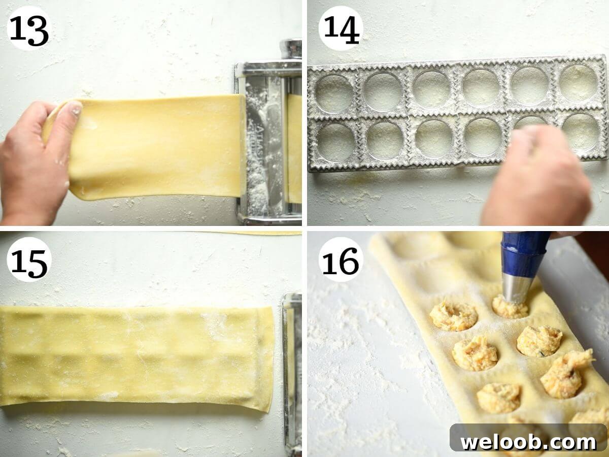 Four photos in a collage showing how to use a ravioli maker.