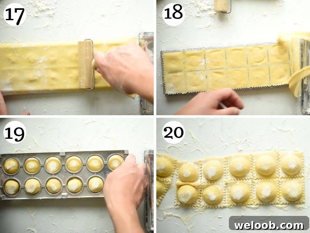 Four photos in a collage showing how to fill and seal butternut squash ravioli.