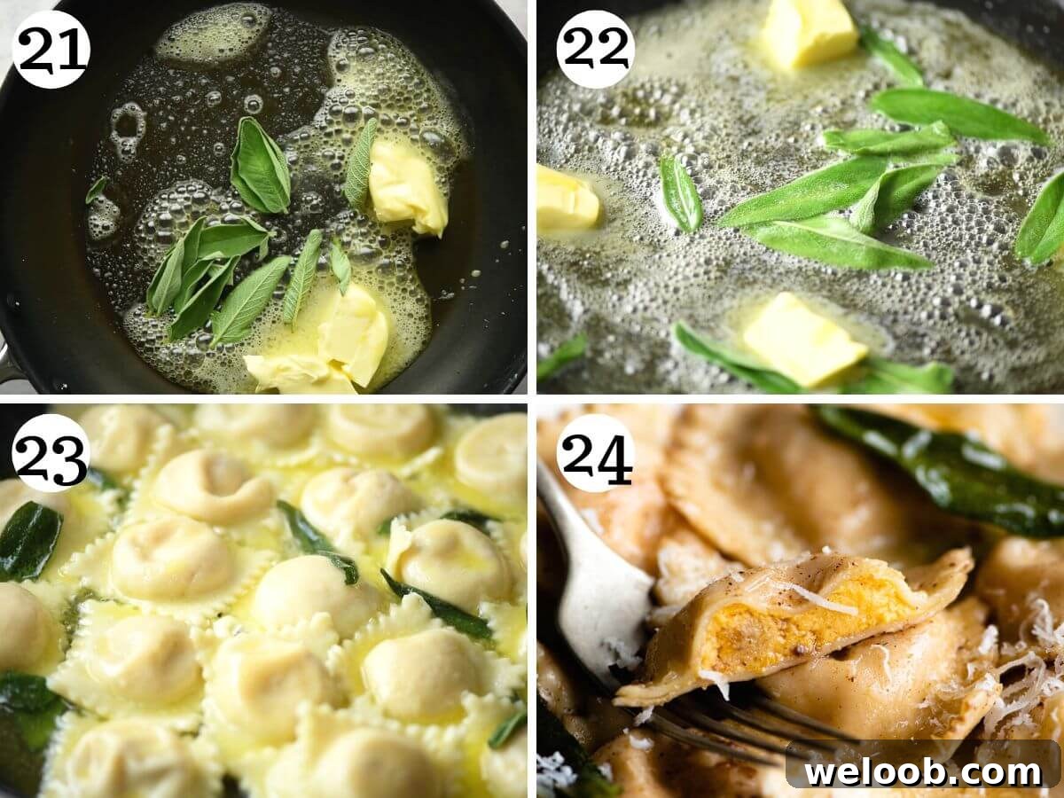Four photos in a collage showing how to make a brown butter and sage sauce for ravioli.