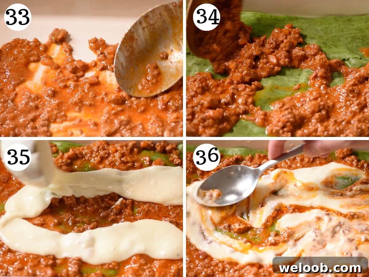 Four photos in a collage showing how to assemble Lasagna Bolognese.
