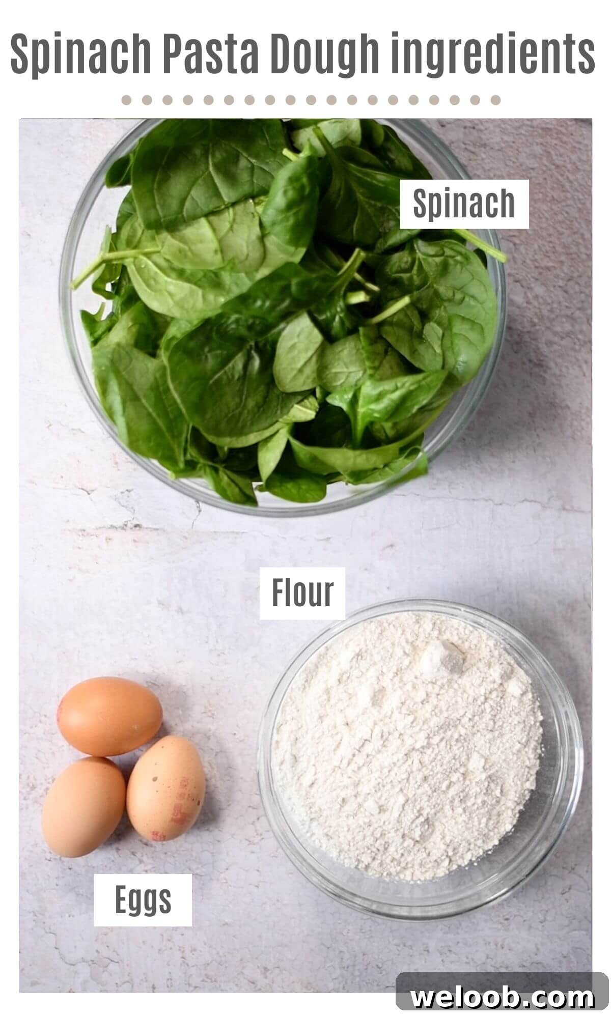 An overhead shot of the ingredients needed to make spinach pasta dough with eggs.