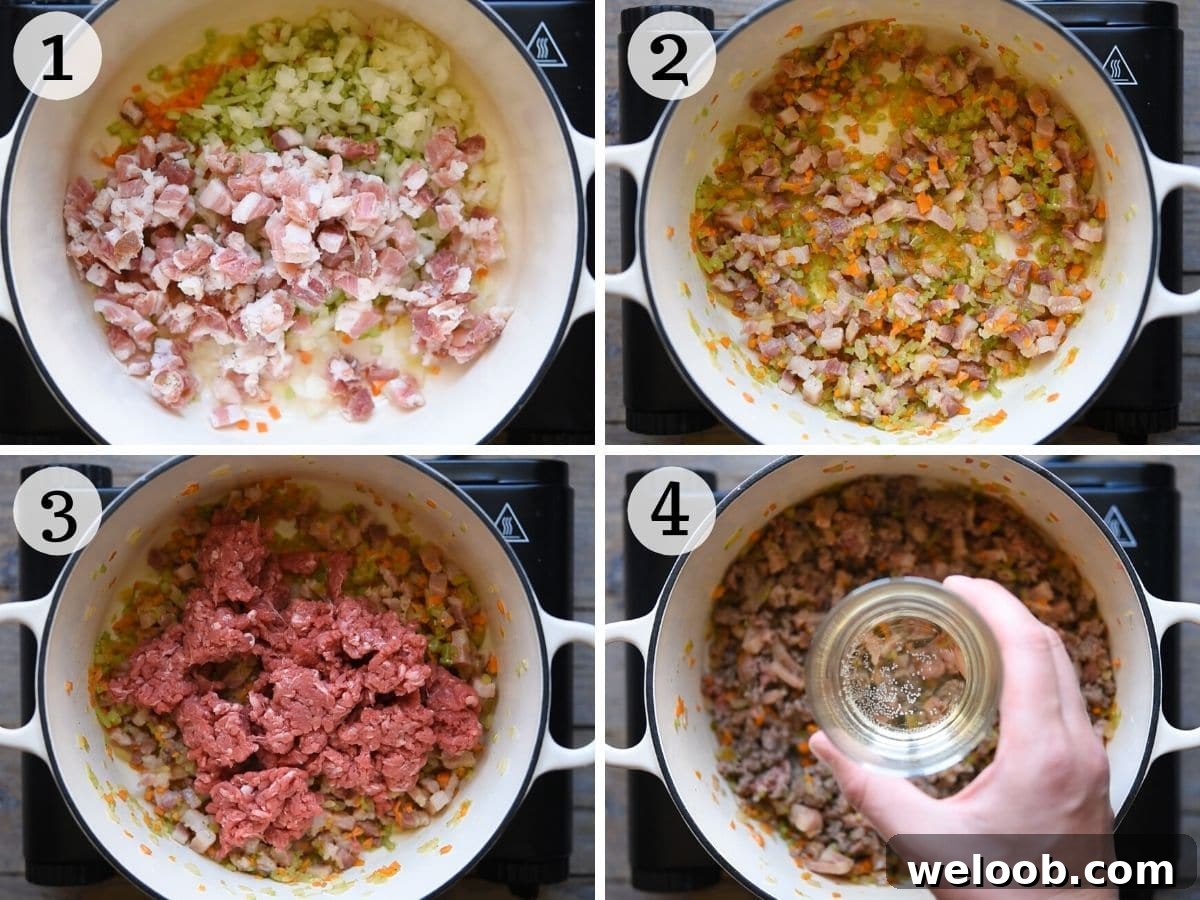 Four photos in a collage showing how to brown beef, pancetta and vegetables to make Bolognese sauce.