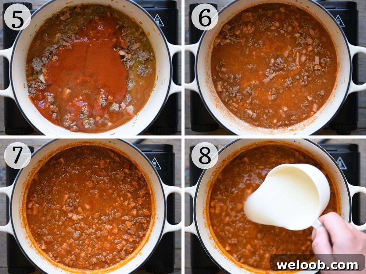 Four photos in a collage showing how to make Bolognese sauce.