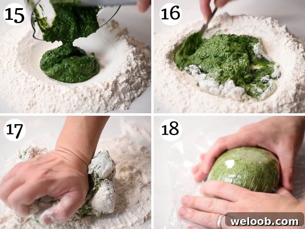 Four photos in a collage showing how to make spinach pasta dough with eggs.