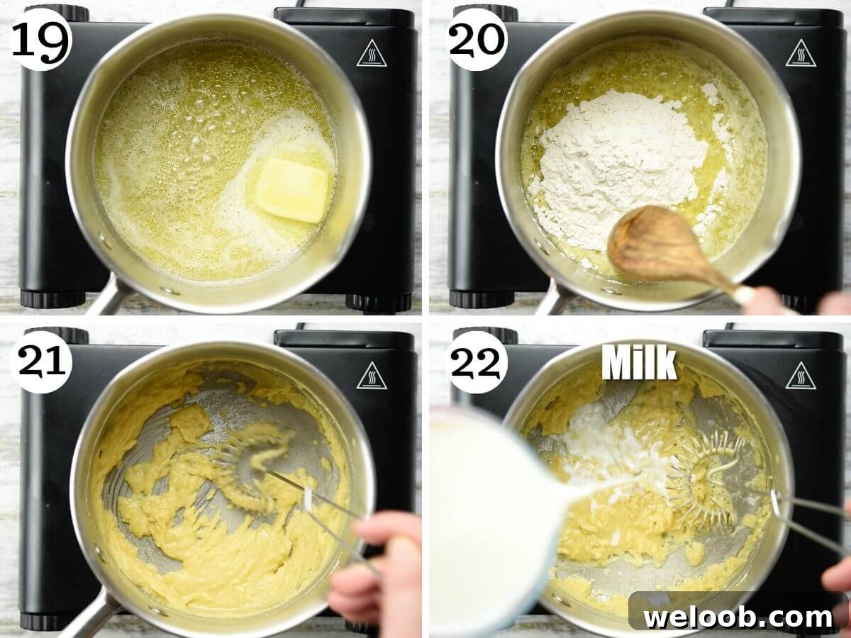 Four photos in a collage showing how to make bechamel sauce for lasagna.